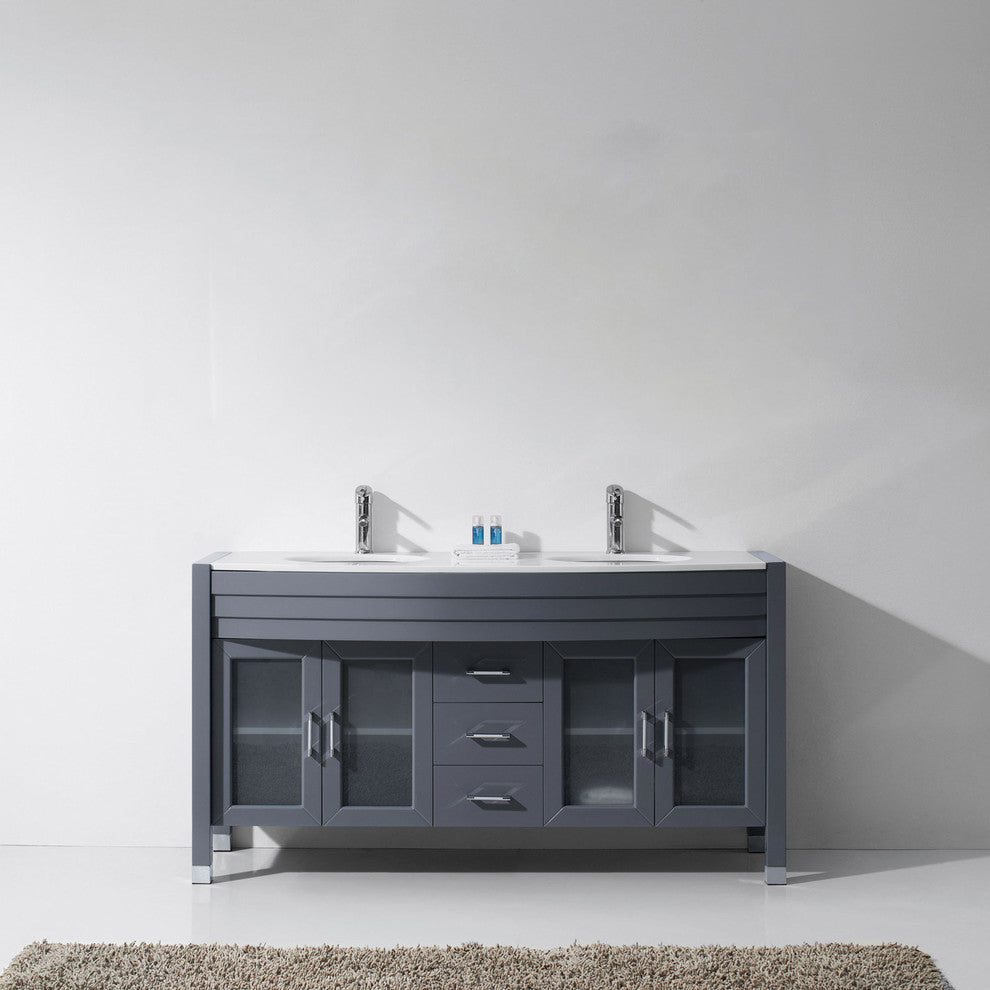Ava 63" Double Round Sink Grey Top Vanity in Grey with Brushed Nickel Faucet
