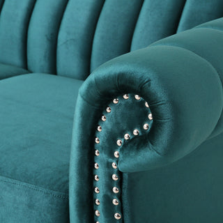 Bauman Modern Glam Channel Stitch Loveseat with Nailhead Trim, Teal + Dark Brown, Velvet