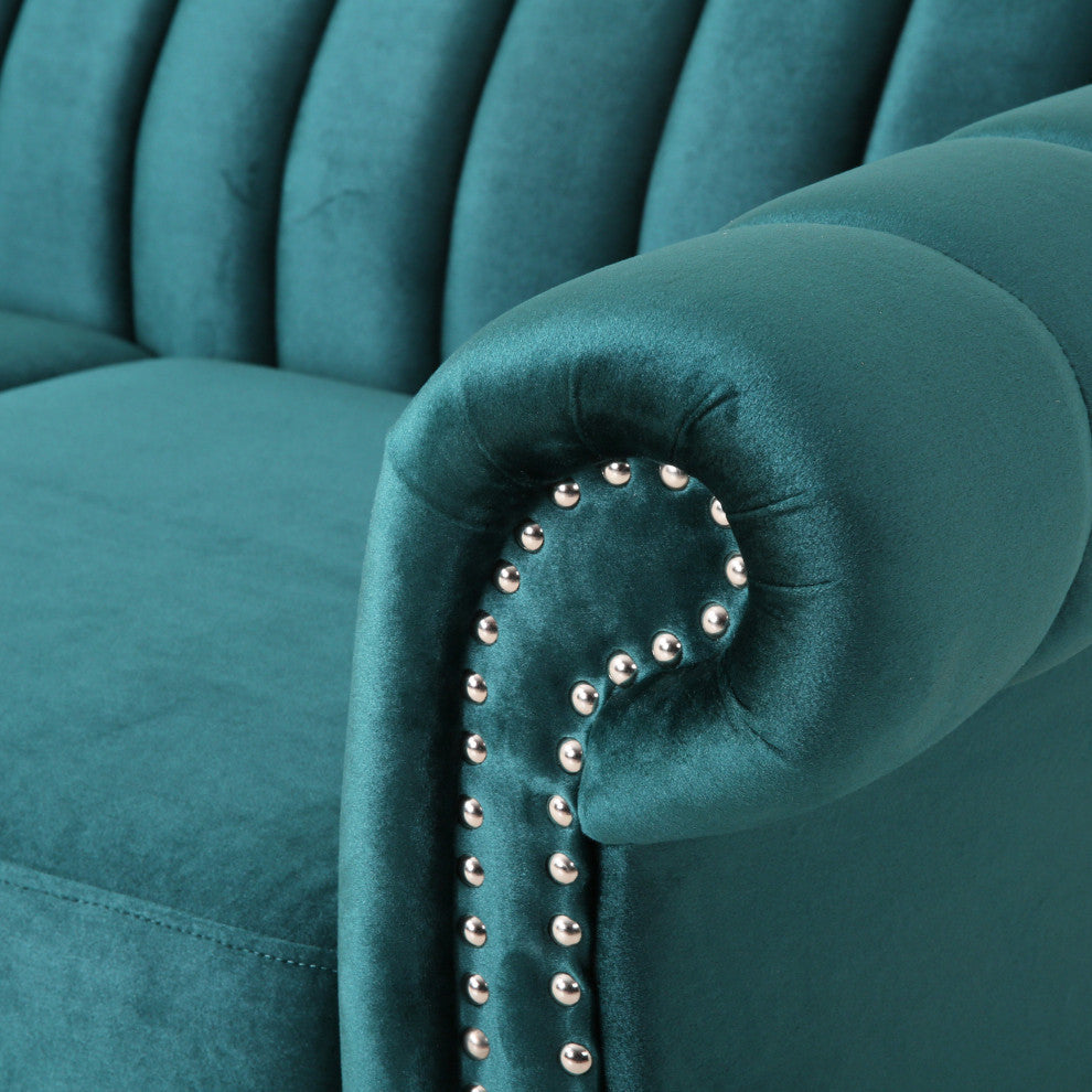 Bauman Modern Glam Channel Stitch Loveseat with Nailhead Trim, Teal + Dark Brown, Velvet