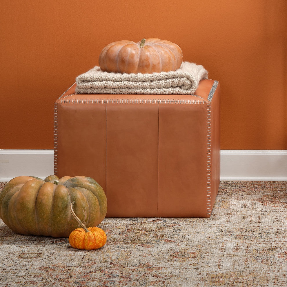 Buff Leather Ottoman, Small