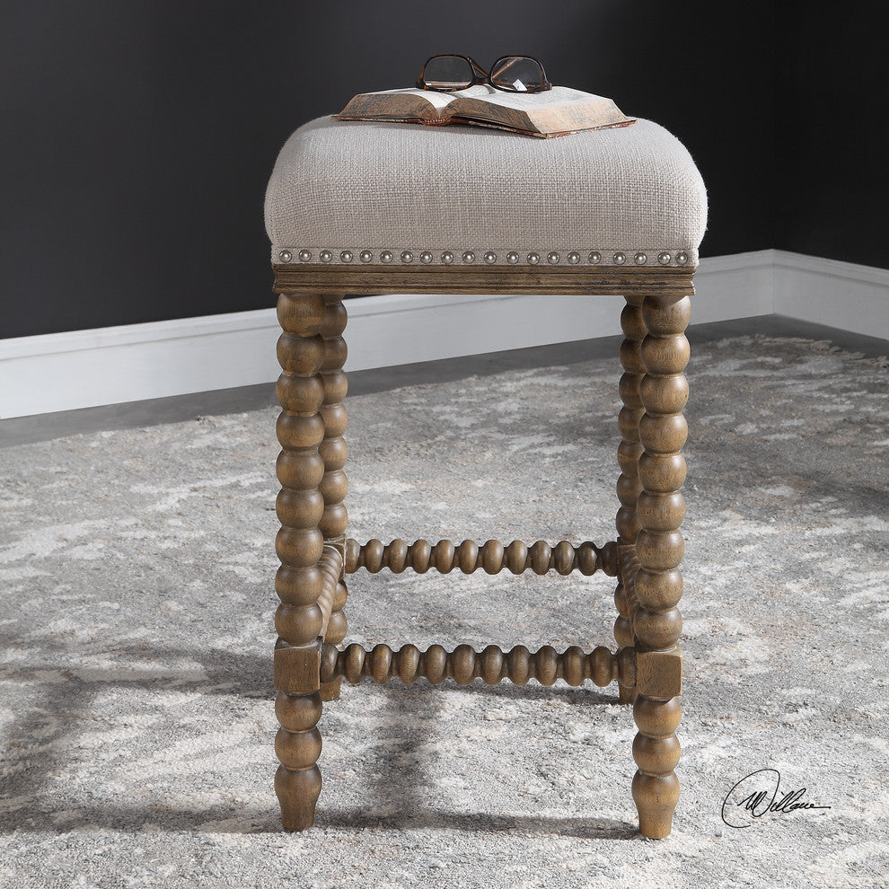 Luxe Retro Style Spindle Turned Leg Counter Stool | Plush Ivory Bar Square Wood