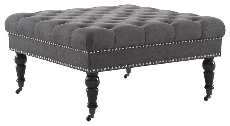 Linon Isabelle Square Upholstered Ottoman Black Legs in Charcoal Gray