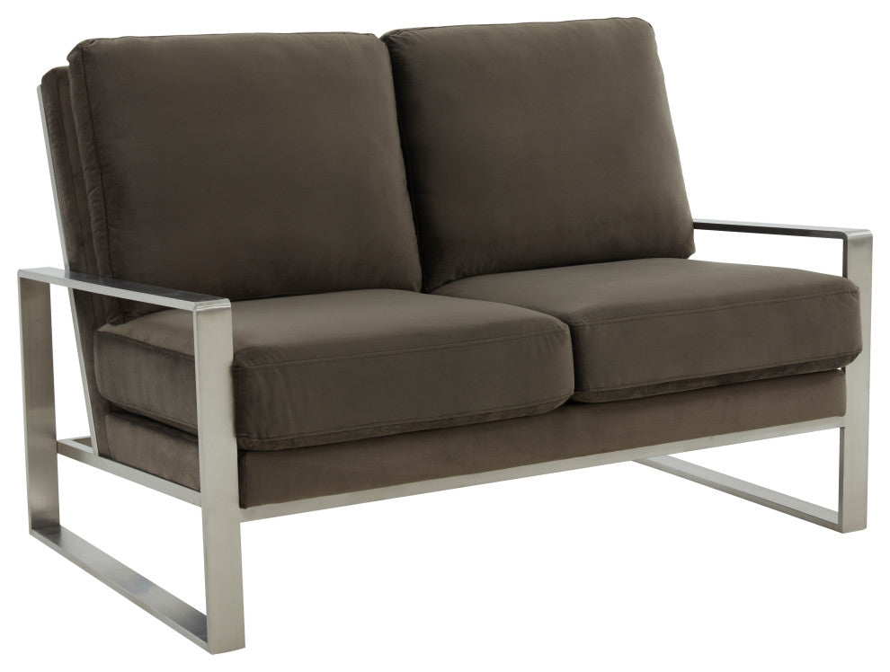 LeisureMod Jefferson Modern Design Velvet Loveseat With Silver Frame, Dark Gray