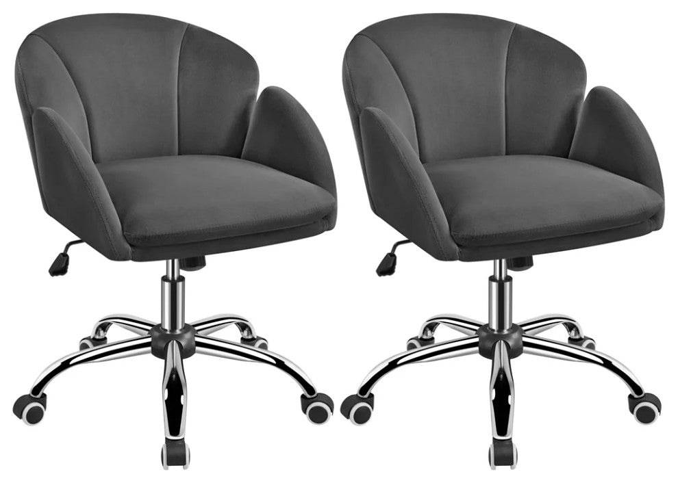 Set of 2 Office Chair, Silver Base With Channel Stitched Velvet Seat, Dark Gray