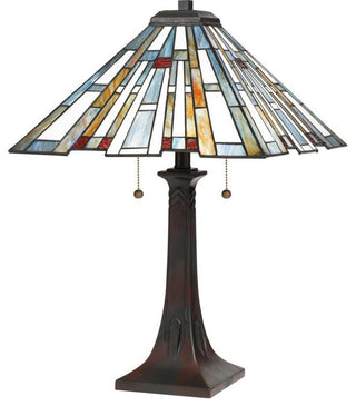 2-Light Craftsman Tiffany Table Lamp Pillar Style Bronze Base Geometric Art