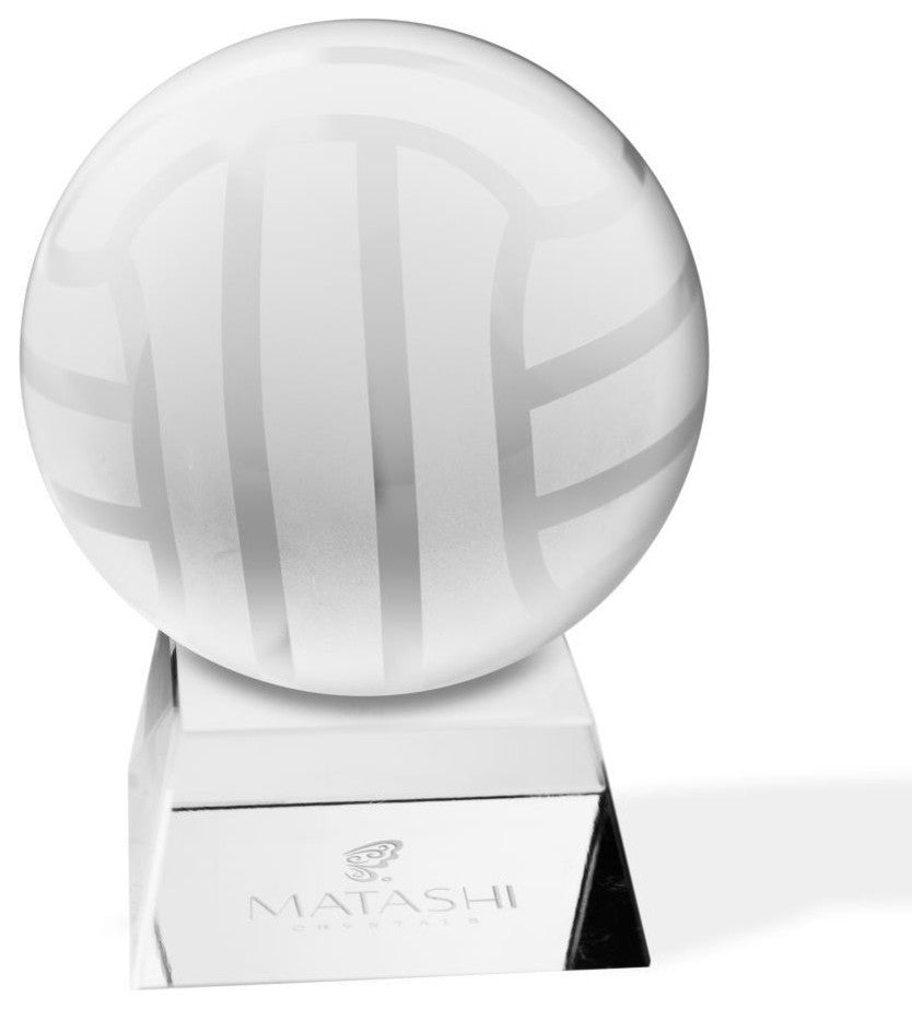 Crystal Paperweight with Etched Volley Ball Ornament and Trapezoid Base