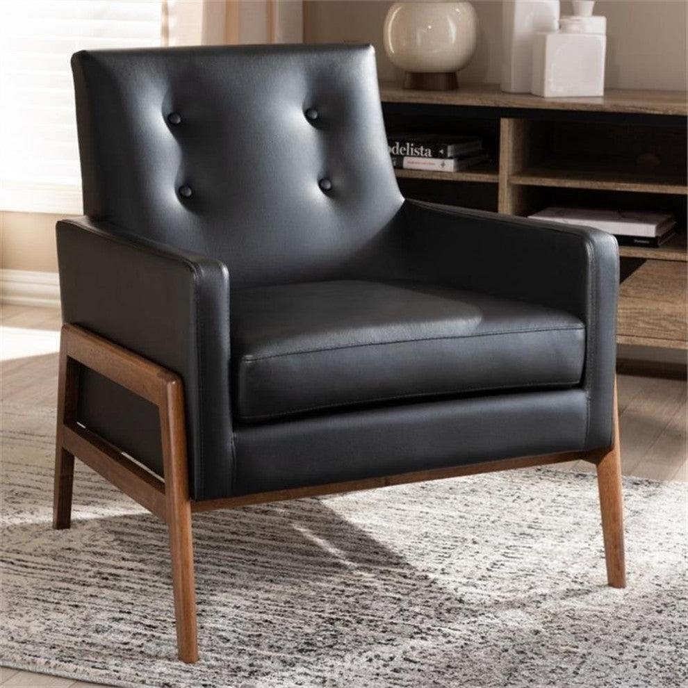 Perris Midcentury Modern Black Faux Leather Upholstered Walnut Wood Lounge Chair