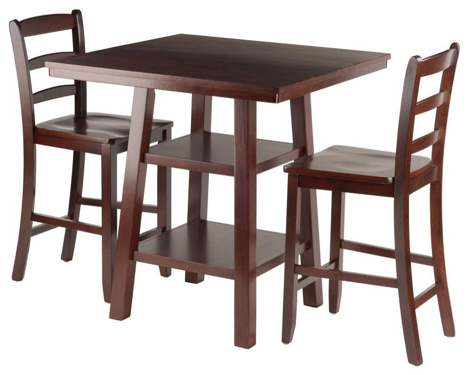 Orlando 3-PieceSet, High Table With 2 Shelves and 2 Ladder Back Stools, Walnut