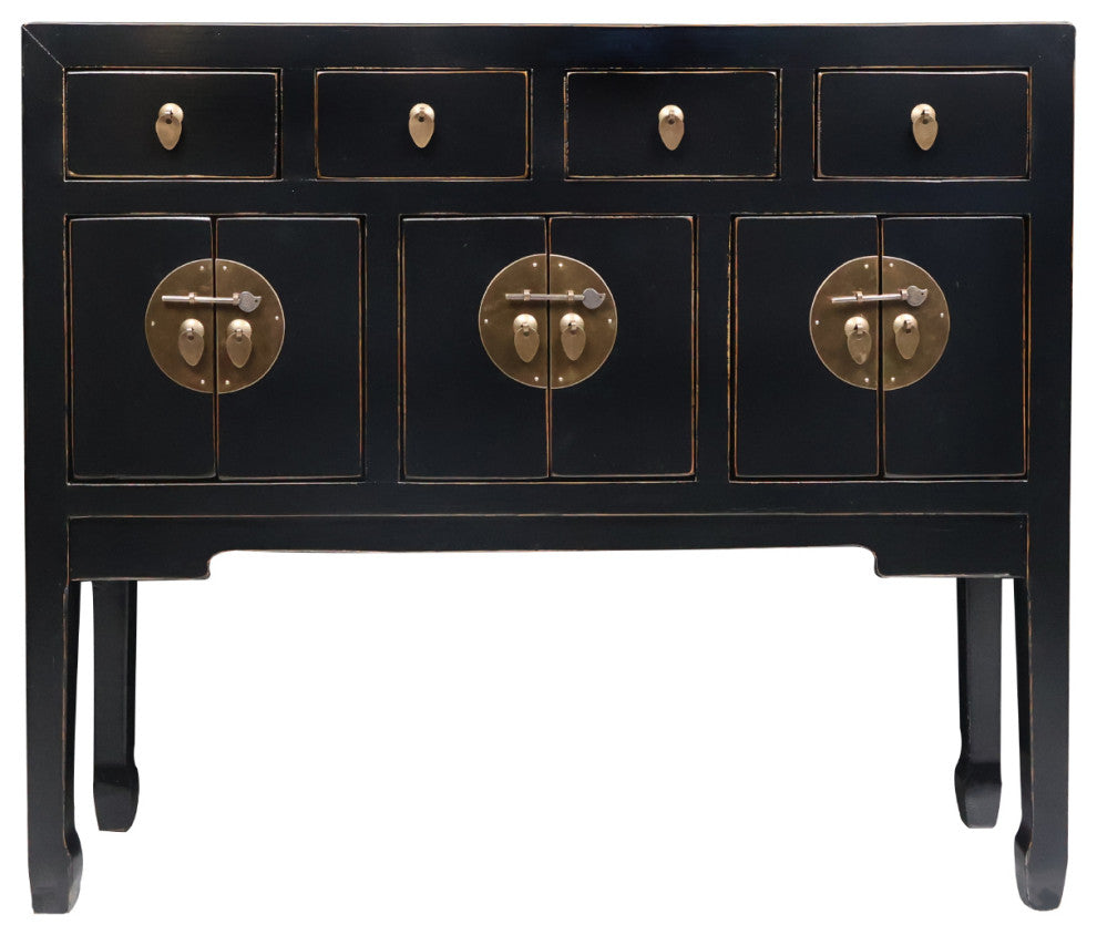 Chinese Console Lacquer Lady Chest, Black With Gold Highlight