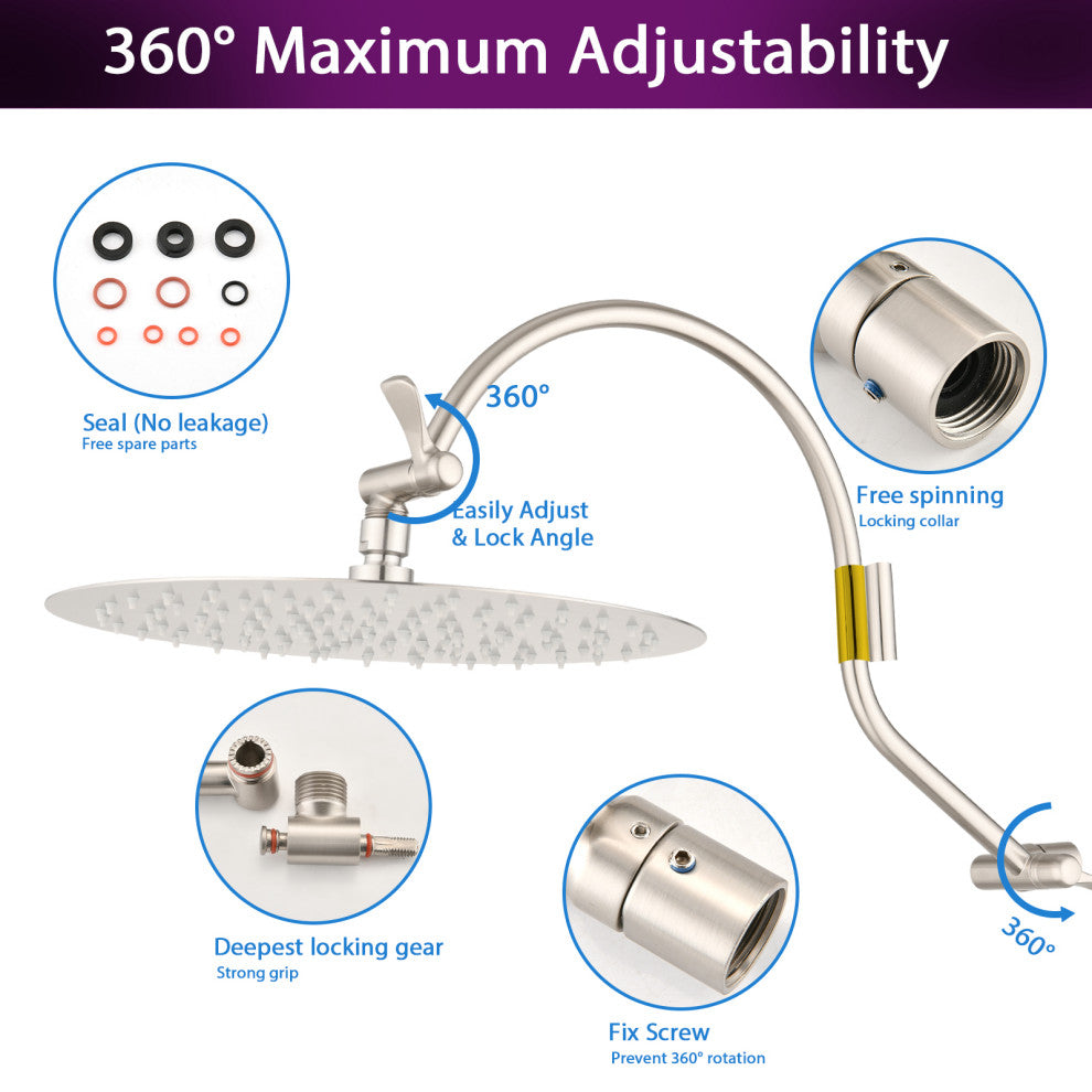 10'' Rainfall Shower Head With 12'' Upgrade Adjustable Extension Arm, Brushed Nickel