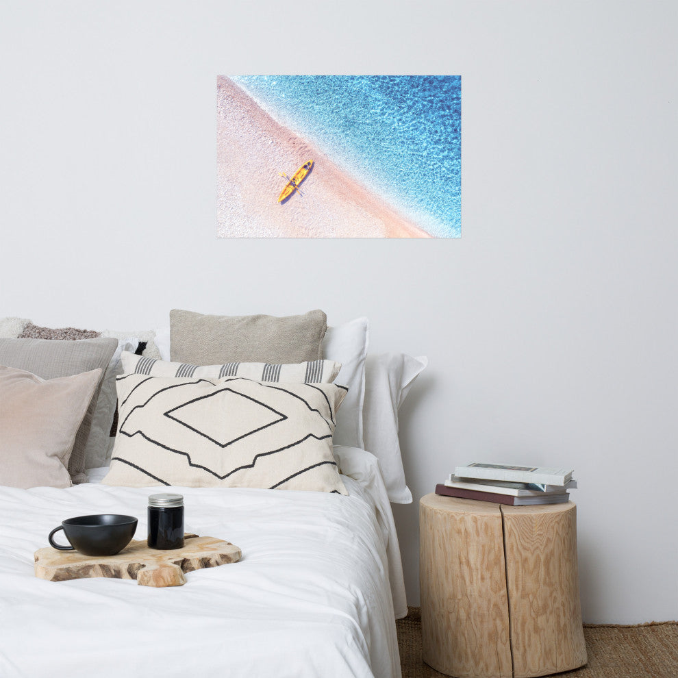 Yellow Canoe and Blue Sea by with Violet Glow Landscape Photo Loose Art Print, 24" X 36"