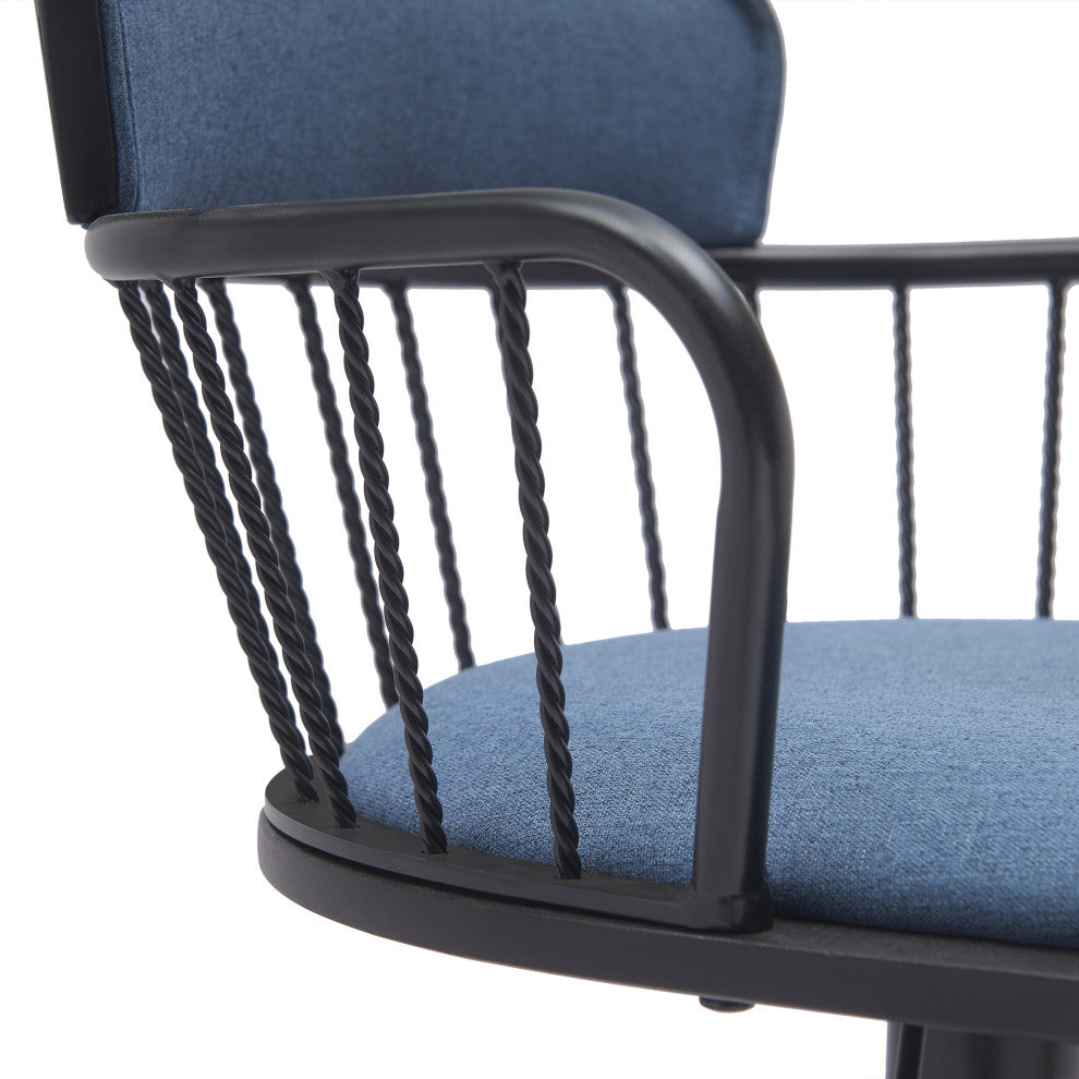 Nash Adjustable Black Wood Bar Stool, Blue Fabric With Black Metal, Blue