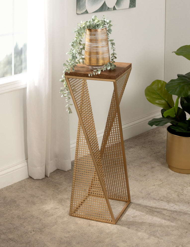 Elita Wood and Metal Pedestal End Table, Rustic Brown/Satin Gold 10x10x30