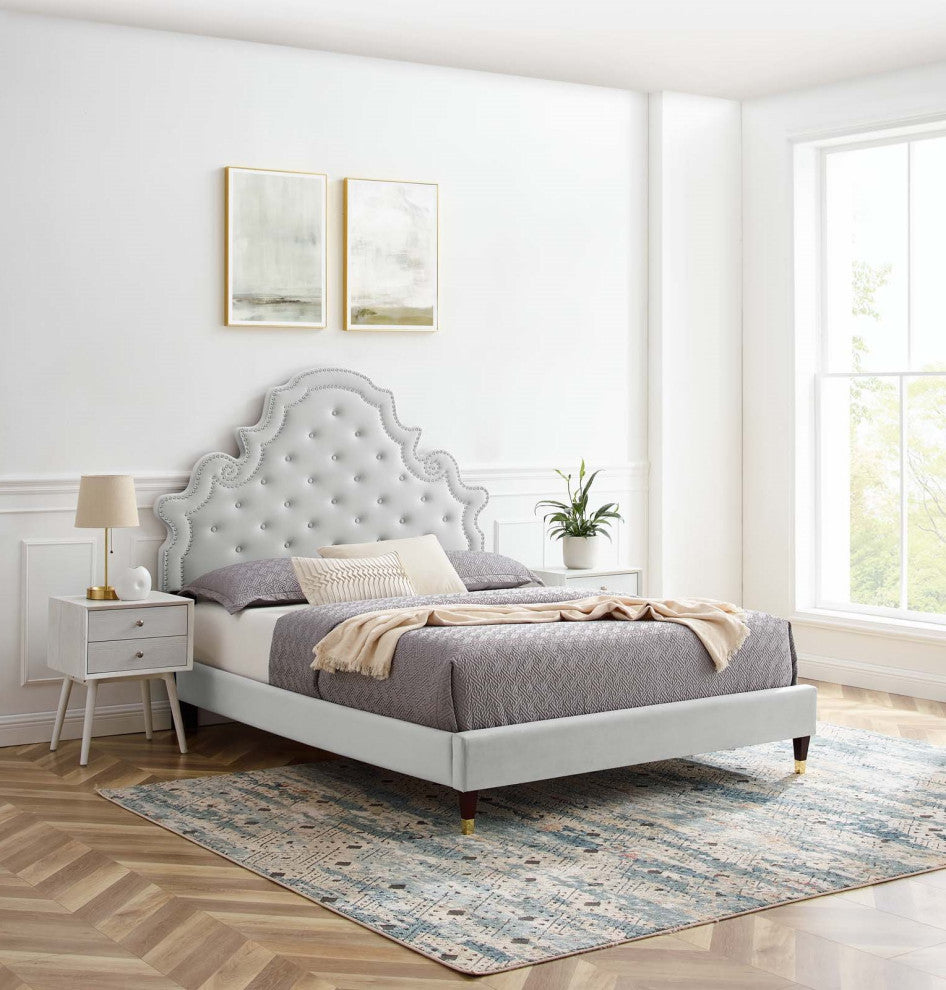 Tufted Platform Bed Frame, Queen Size, Velvet, Gray, Modern Contemporary