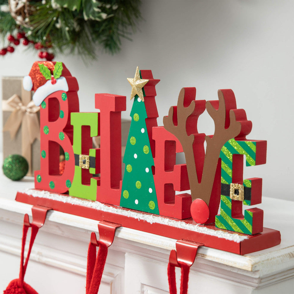 14.5"L Wooden/Metal "BELIEVE" Christmas Stocking Holder
