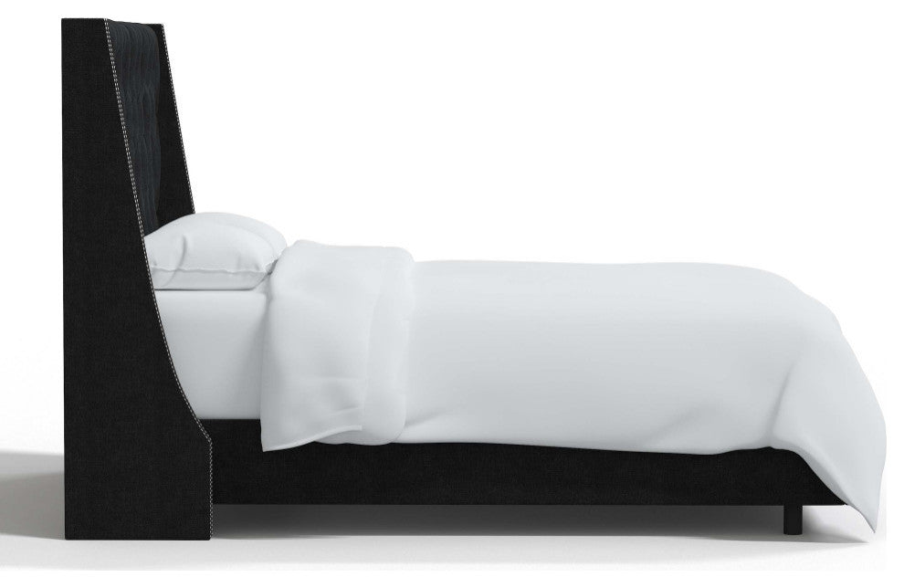 Tufted Sloped Wingback Bed, Nail Trim, Zuma Caviar, Full