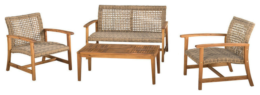 Spring Spender Outdoor 4-Piece Wood, Wicker Chat Set, Natural Stained, Gray