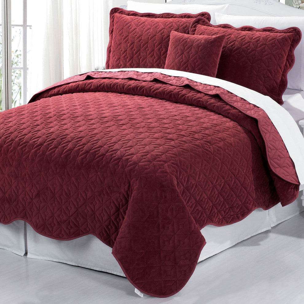 Diamond Square Quilted Coverlet 4-Piece Bedspread Set, Brick, King