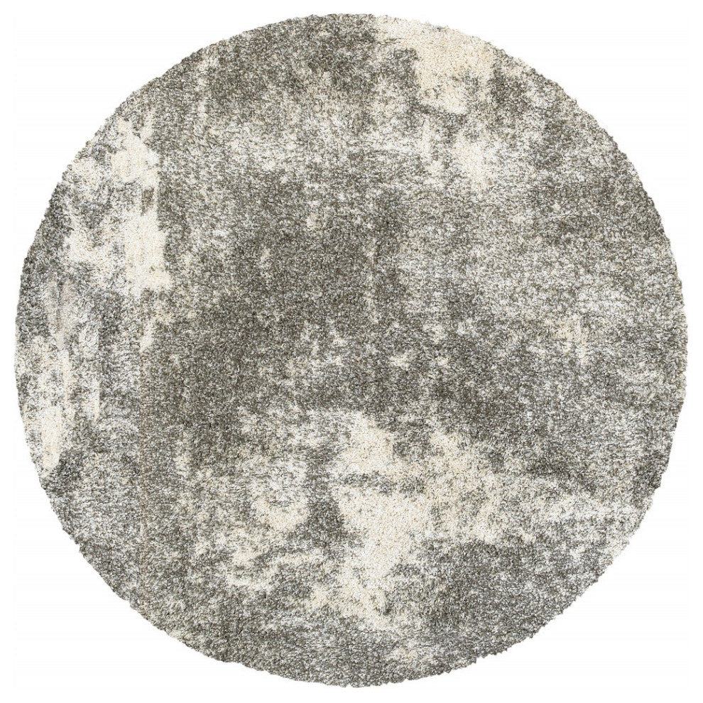 8' Round Gray And Ivory Distressed Abstract Area Rug