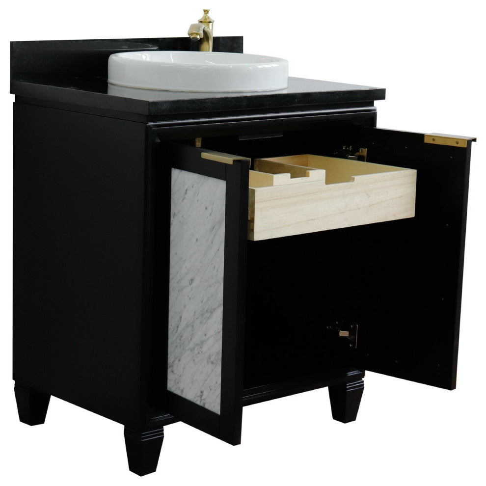 31" Single Sink Vanity, Black Finish With Black Galaxy Granite With Round Sink