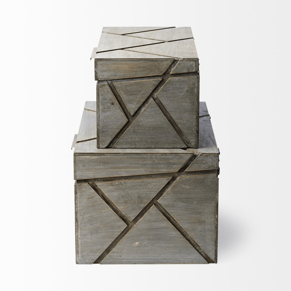 Set of Two Gray Wooden Boxes With Carved Details