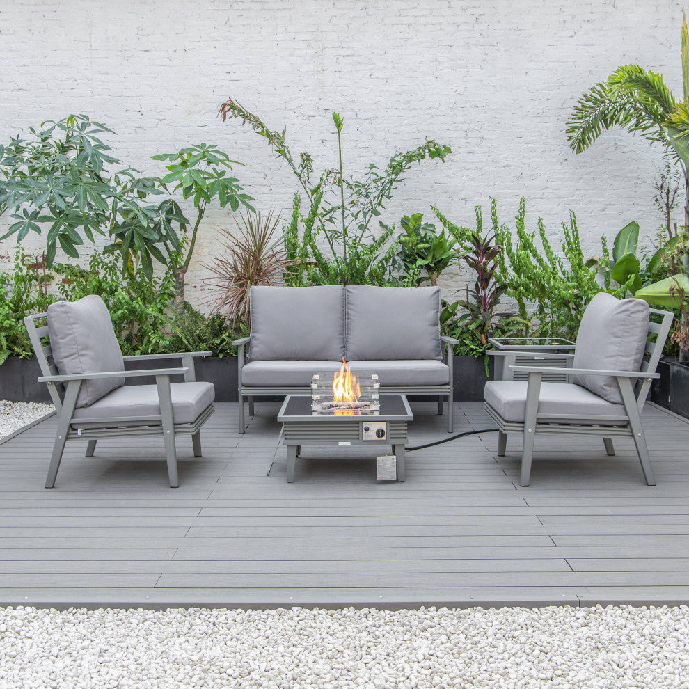LeisureMod Walbrooke Gray Patio Conversation Set With Fire Pit, Gray