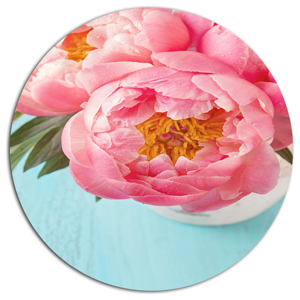 Bunch Of Light Pink Peony Flowers, Floral Large Disc Metal Artwork, 23"