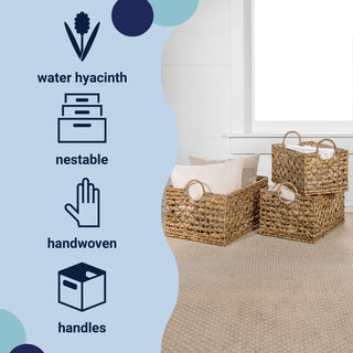 Quinn Cottage Woven Hyacinth Rectangular Storage Baskets With Handles, Set of 3
