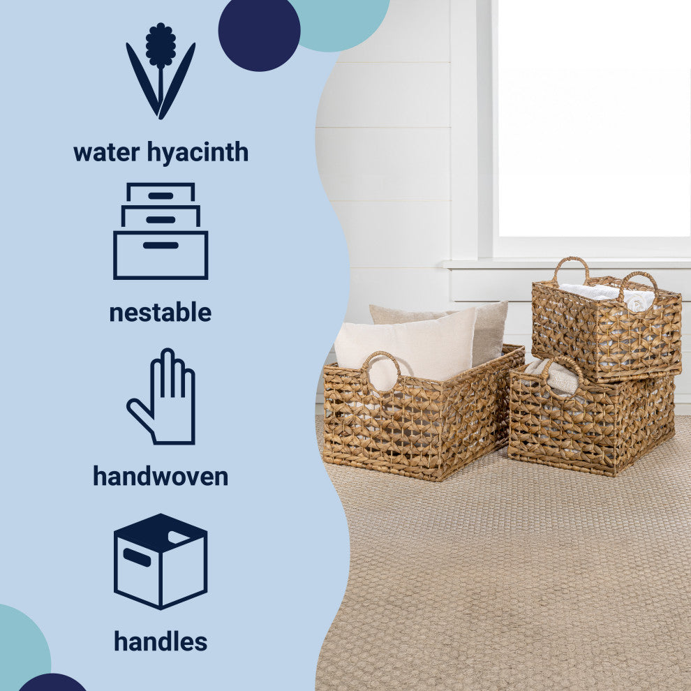Quinn Cottage Woven Hyacinth Rectangular Storage Baskets With Handles, Set of 3