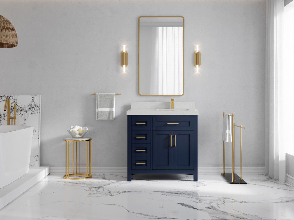 Cambridge 36 Right Offset Bath Vanity in Hale Navy Blue 2" Carrara Quartz