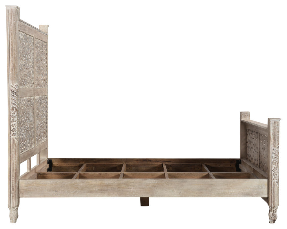 Delaney Floral Carved Bed, Limestone Gray, King