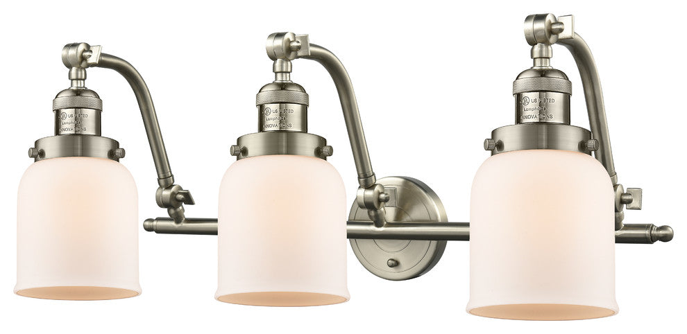 Small Bell 3-Light Bath Fixture, Cased Glass, Satin Brush Nickel, Incandescent