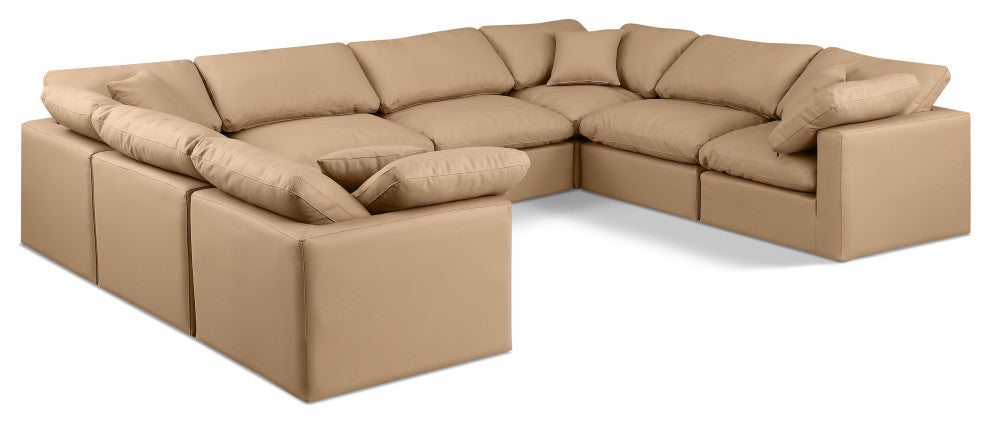 Indulge Upholstered Modular U-Shaped Sectional, Tan, 8-Piece: 4 Armless Chair, 4 Corner Chair, Fiber Stuffed Vegan Leather
