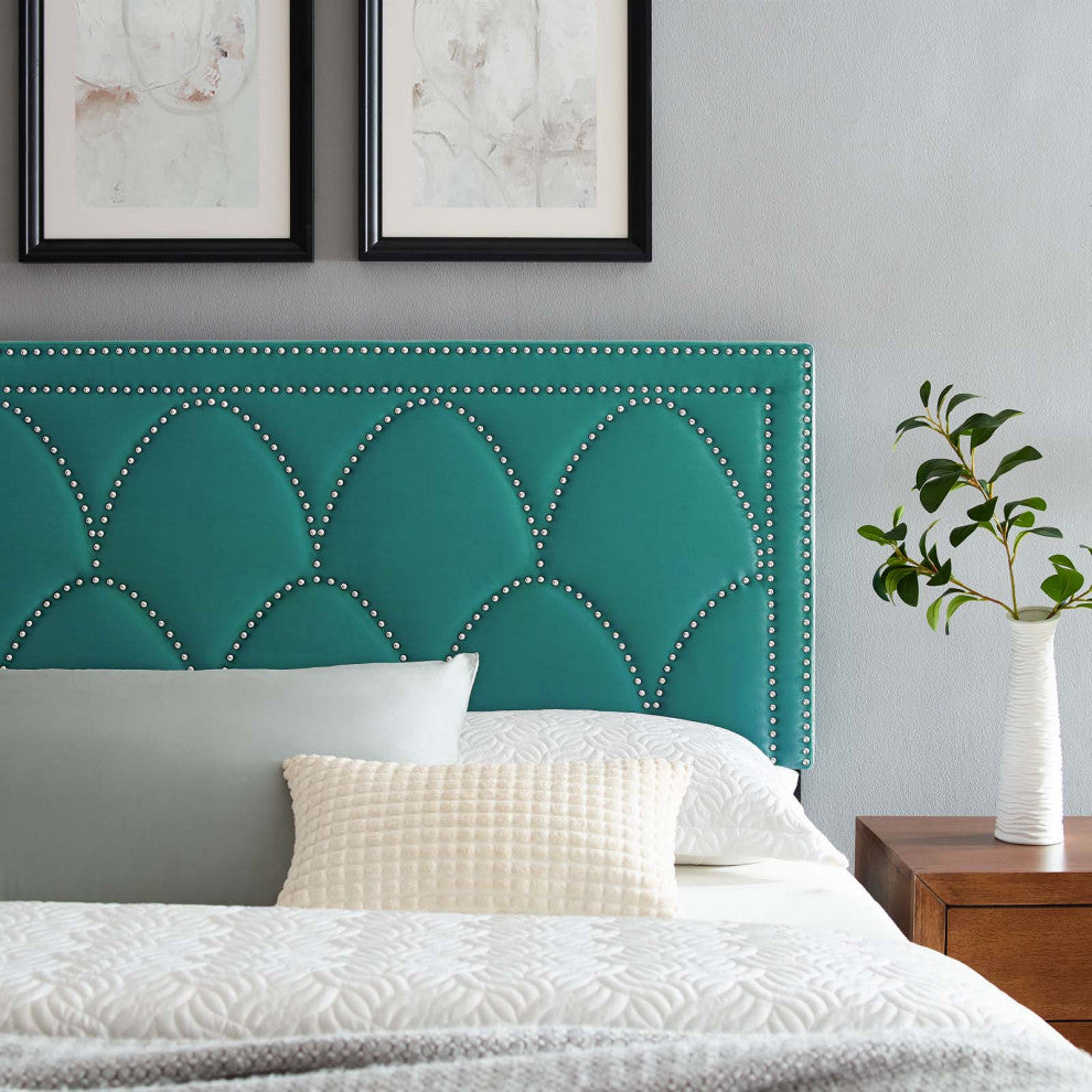 Headboard, Nailhead, Twin Size, Teal Blue, Velvet, Modern, Bedroom Guest Suite