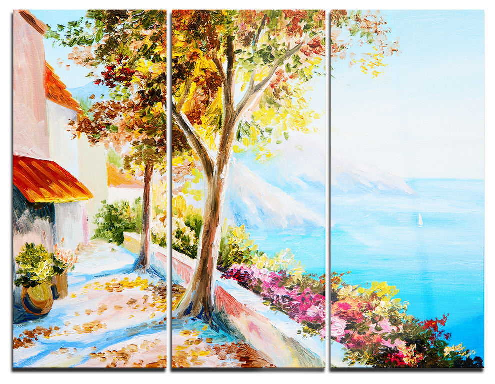 "House and Sea in the Fall" Glossy Metal Wall Art, 3 Panels, 36"x28"
