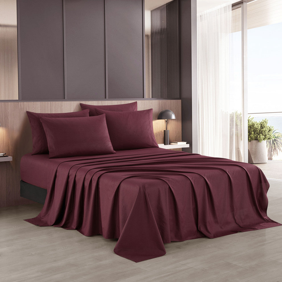 Tobol 6 Piece Embossed Sheet Set, Wine, Queen
