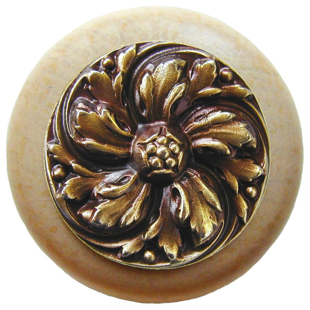 Chrysanthemum Natural Wood Knob, Clear Finish With Antique-Style Brass