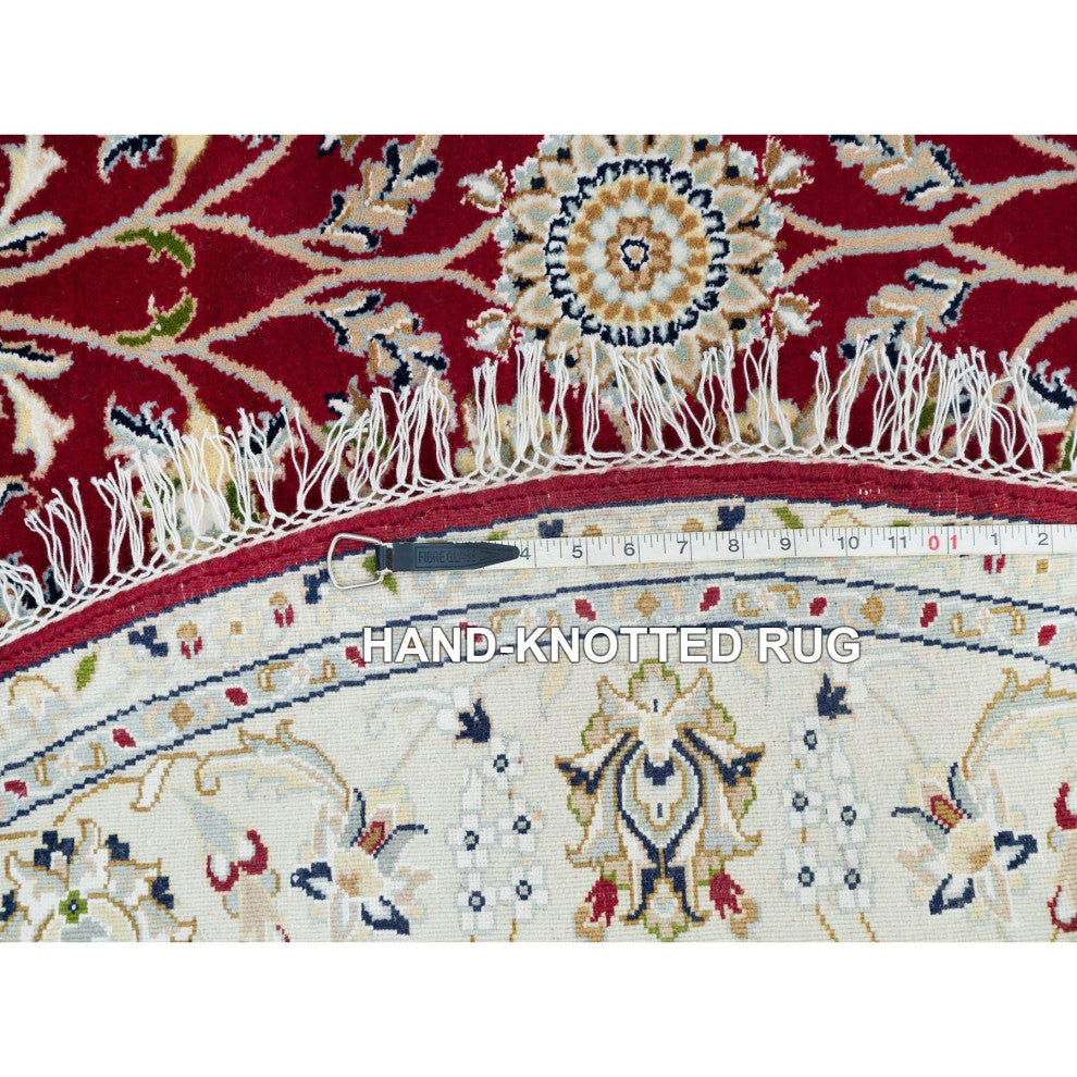 Red, 250 KPSI, Organic Wool, Hand Knotted, Nain Design Round Rug, 6'x6'