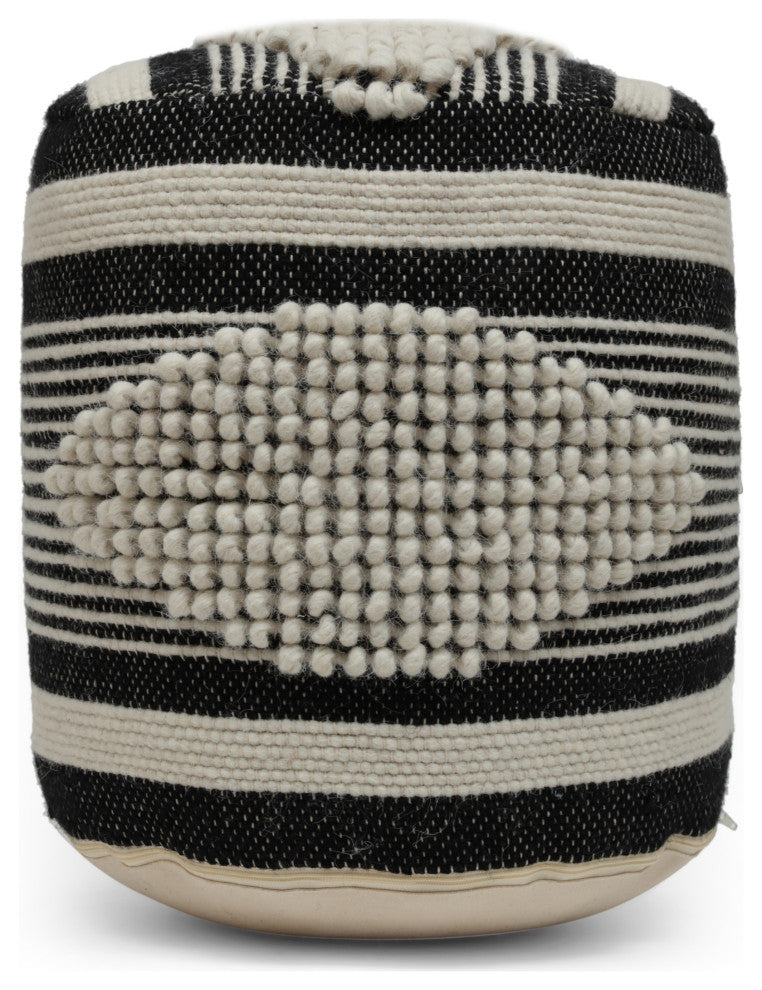 Villard Boho Handcrafted Fabric Cylinder Pouf, White + Black