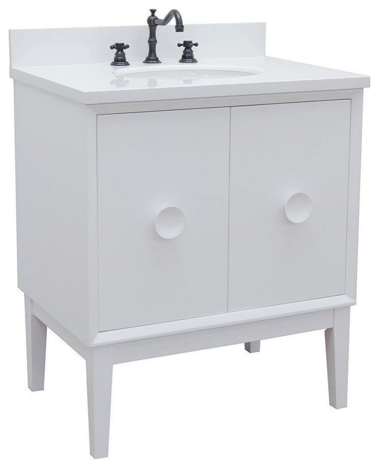 31" Single Vanity, White Finish With White Engineered Stone Top And Oval Sink