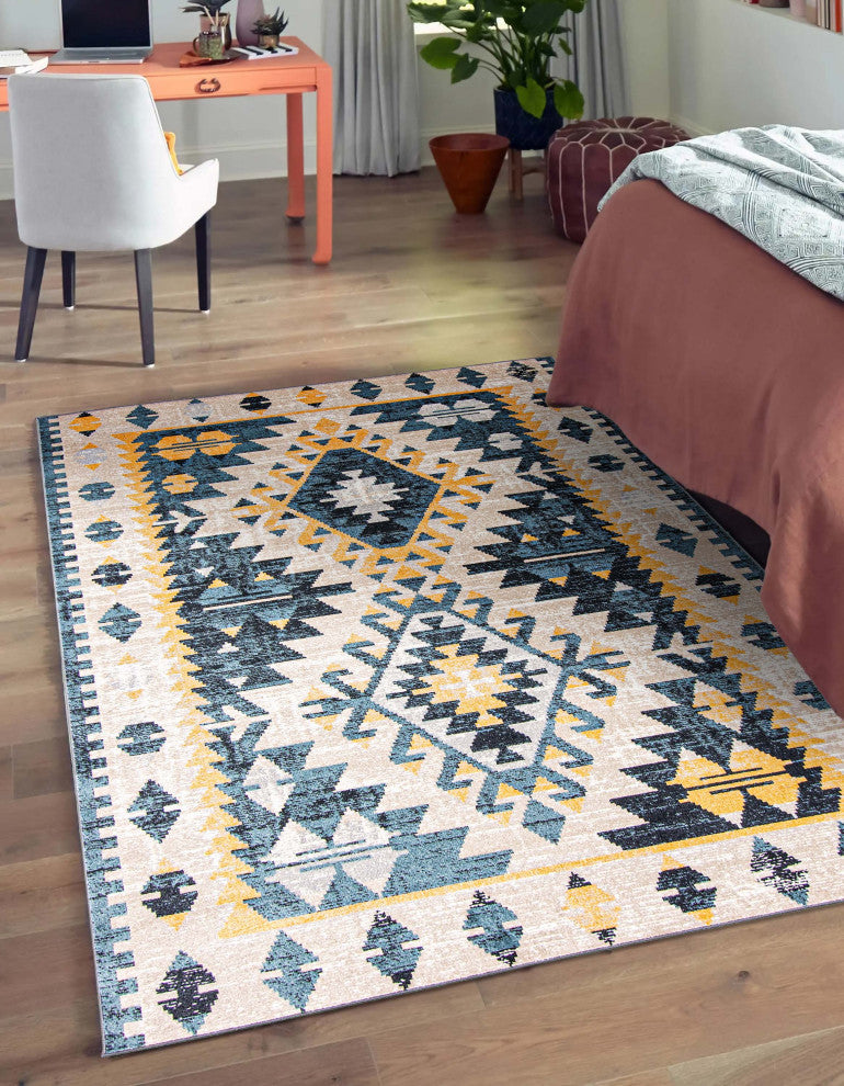 Aqua Mosaic Area Rug, Taupe/Blue, 5'x7'