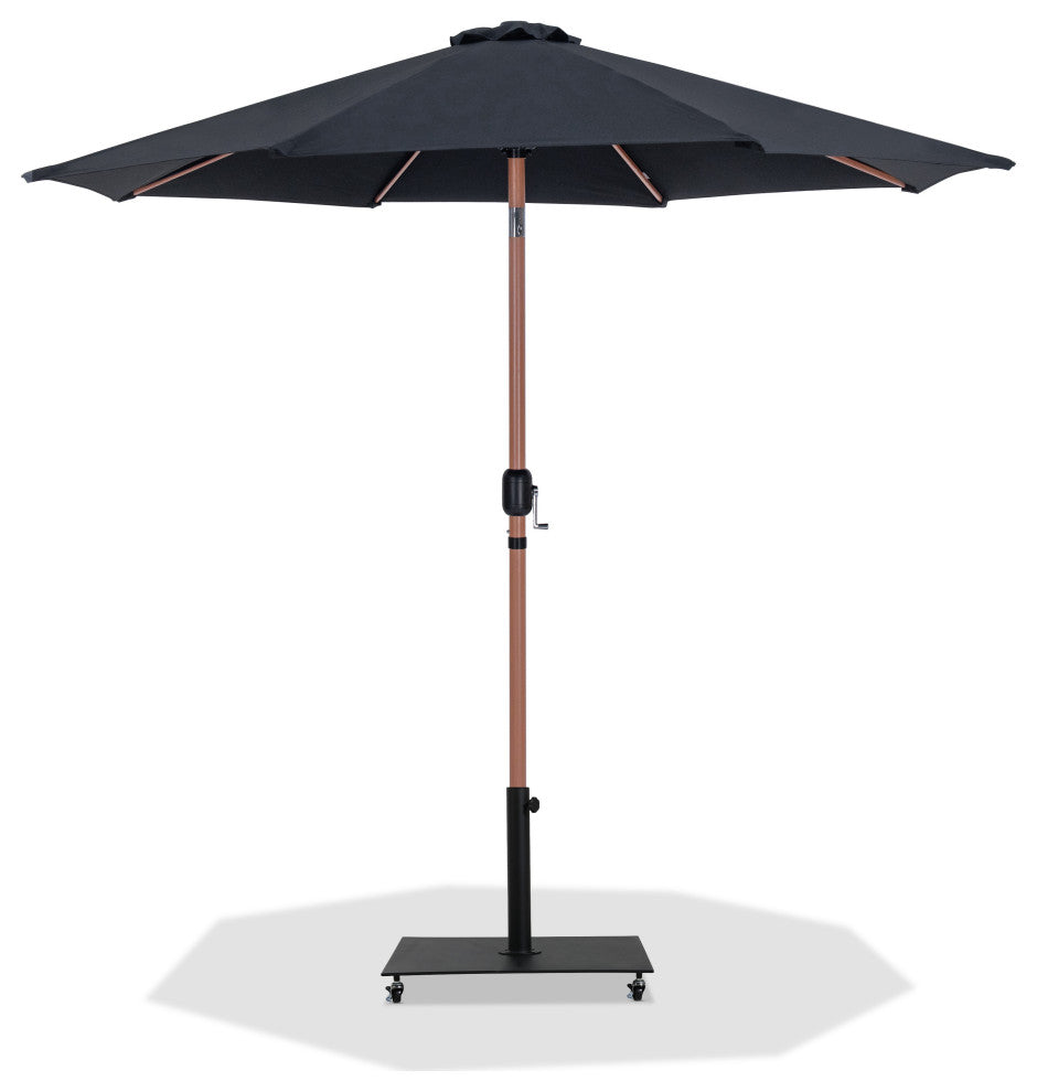 Fiji Patio Umbrella and Base, Black, Teak Pole, Matte Black Belize Base