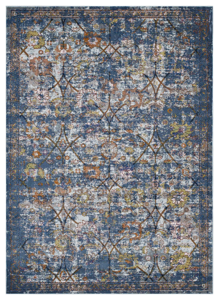 Blue Gray, Yellow and Orange Minu Distressed Floral Lattice 4x6 Area Rug