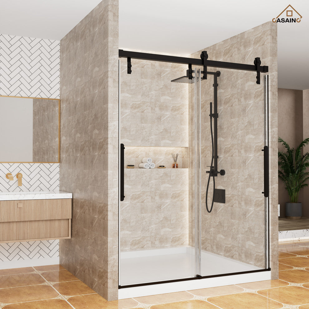 59-in to 60-in x 76-in Frameless Sliding Shower Door, Matte Black
