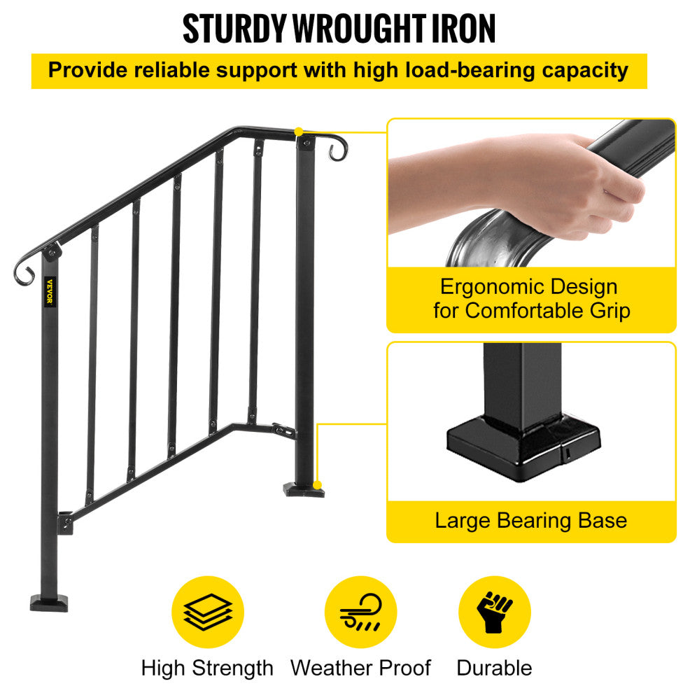 Wrought Iron Handrail Outdoor Stair Rail with Installation Kit, Black, Fit 2-3 Steps