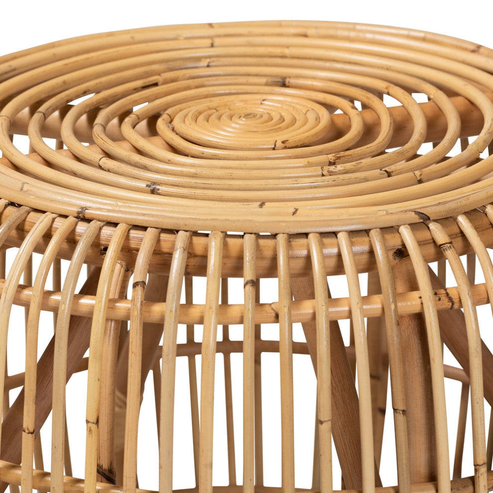 Modern Bohemian Natural Brown Rattan End Table, Round