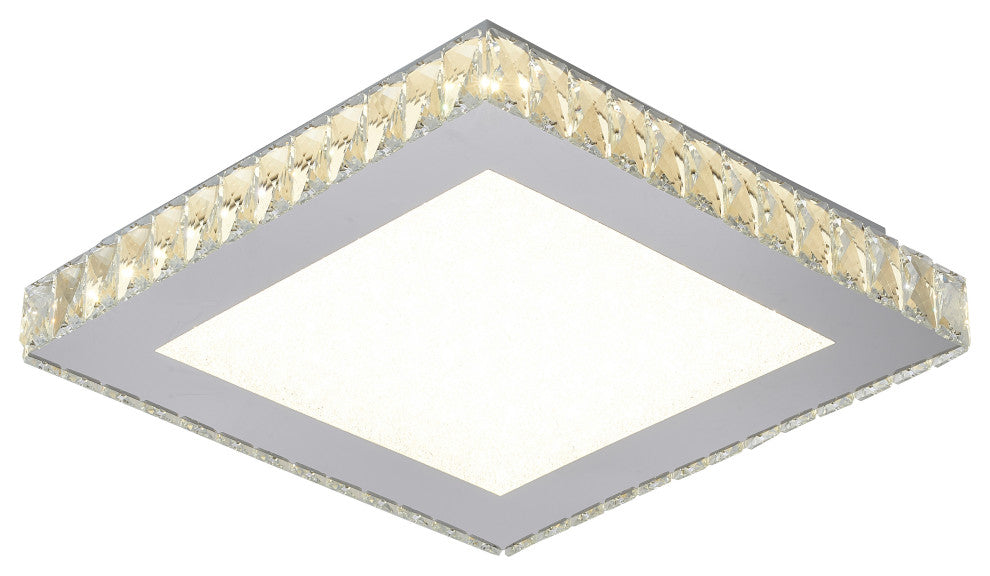 Square Clear Crystal Flush Mount, Stainless Steel Frame, Beaded Crystal Cover