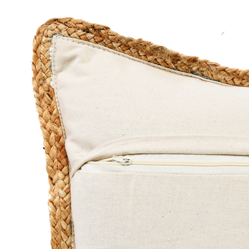 Ox Bay Handwoven Blue/Braided Jute Bordered Cotton Blend Pillow Cover, 20"x20"
