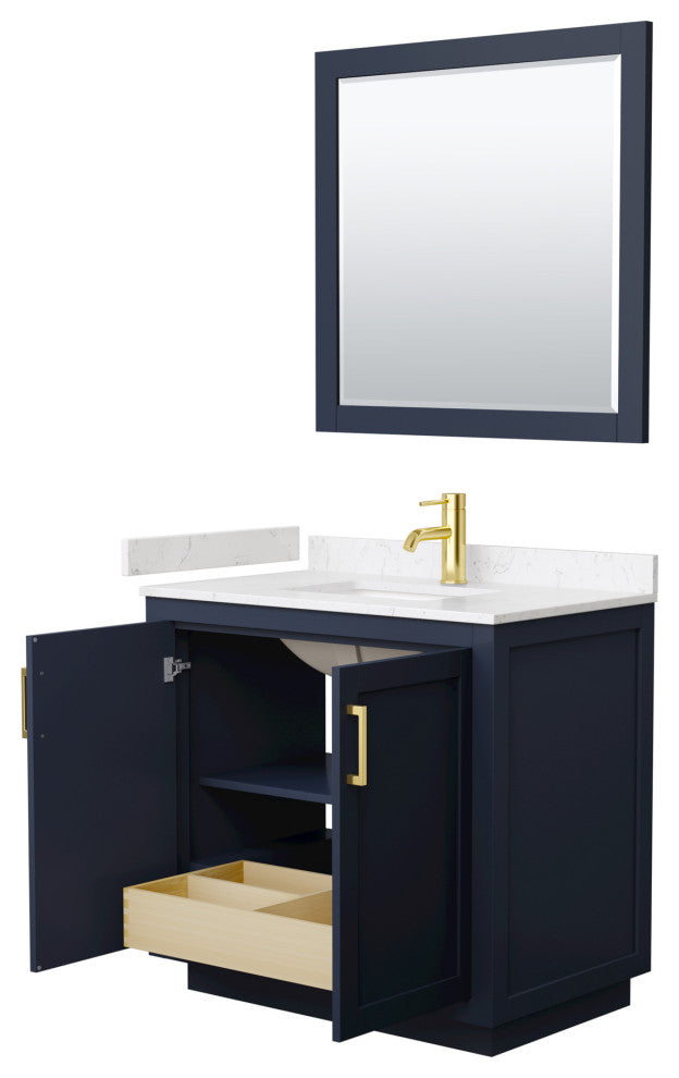 36"SGL Vanity Dark Blue, LV Carrara Cult. Top, Sink, Gold Trim, 34"Mirror