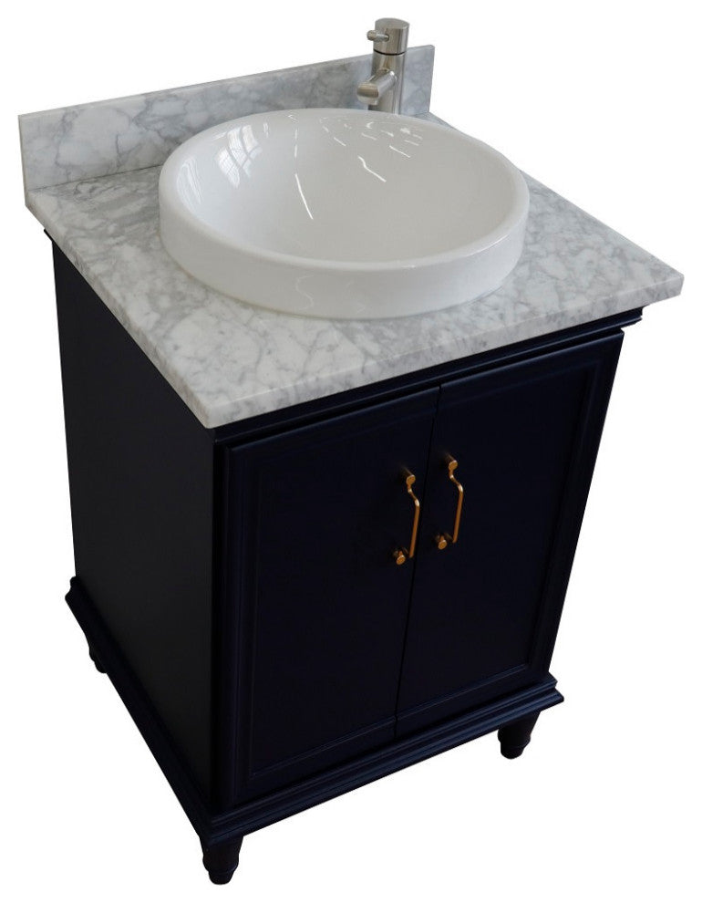 25" Single Vanity, Blue Finish With White Carrara And Round Sink